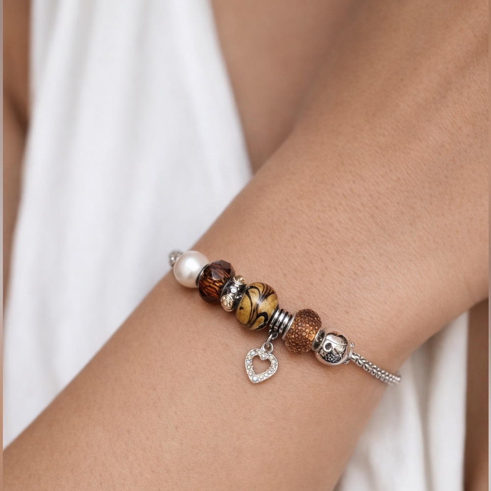 💟 Jaclyn Smith Charm Bracelet –Silver Tone | Brown & Neutral Beads + Heart Charm